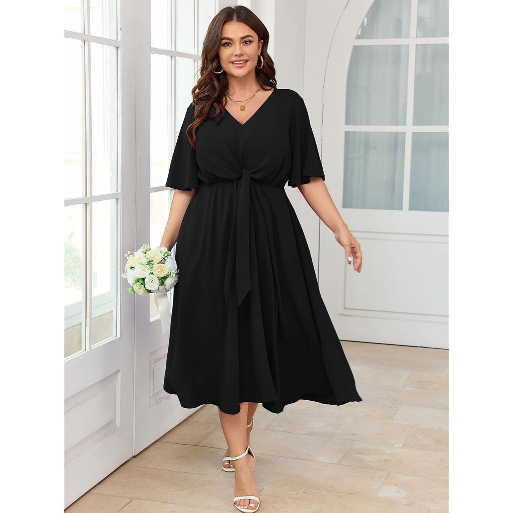 Scomchic Women Plus Size Midi Dresses Wedding Guest Short Sleeve V Neck Tie Waist Casual Summer Flowy A Line Dress