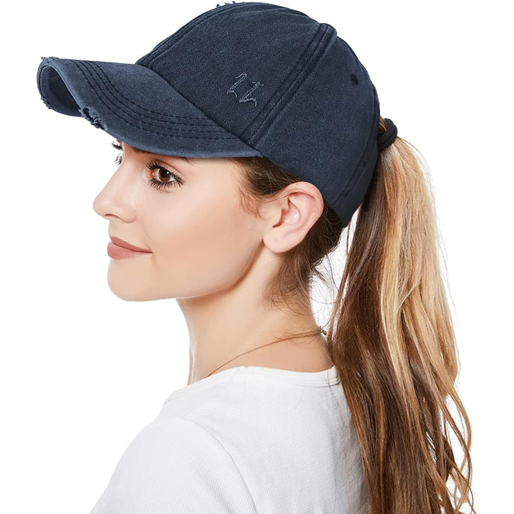 Womens Criss Cross Ponytail Baseball Cap Distressed Ponytail Hat High Messy Bun Trucker Ponycap for Outdoor Sports Navy Blue