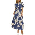 Wenrine Womens Casual Shirt Dress Floral Collared Short Sleeve Button Down Drawstring Waist Loose Summer Maxi Dresses