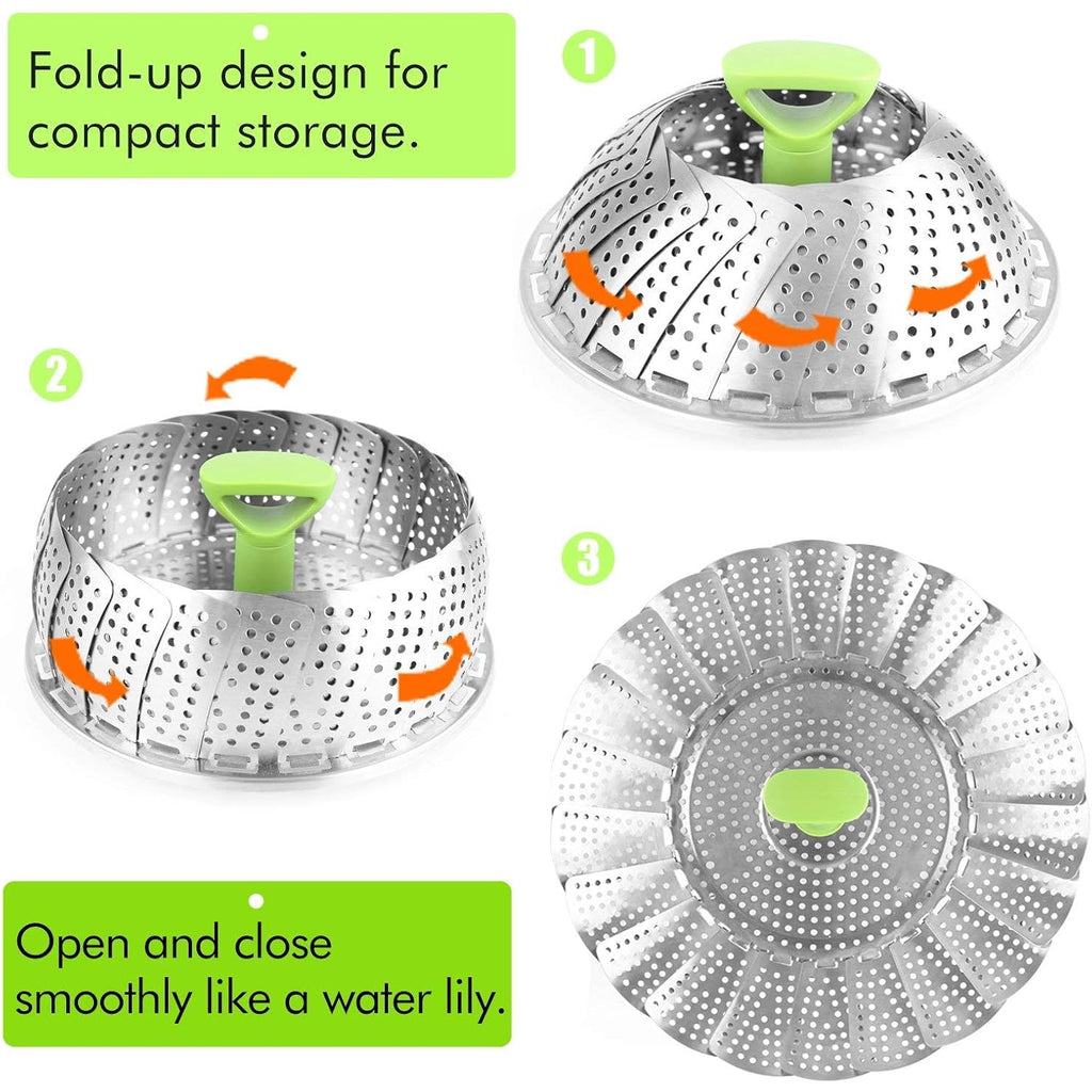 Consevisen Vegetable Steamer Basket for Cooking Food, Stainless Steel Veggie Steam Basket for Pot, Folding Expandable Steaming Insert with Extendable Handle Fits Various Size Pot, 5.1" to 9"