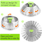 Consevisen Vegetable Steamer Basket for Cooking Food, Stainless Steel Veggie Steam Basket for Pot, Folding Expandable Steaming Insert with Extendable Handle Fits Various Size Pot, 5.1" to 9"