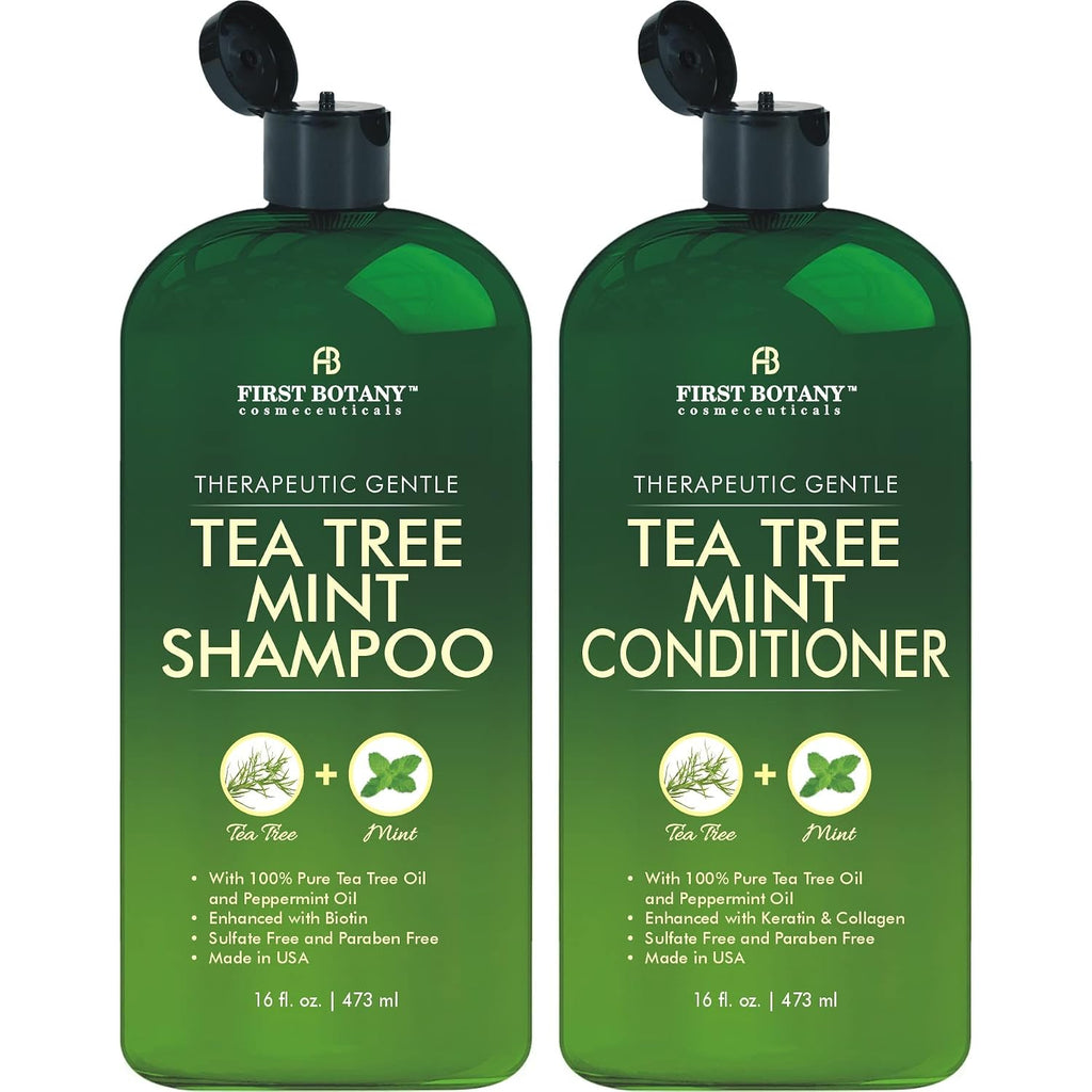 First Botany Tea Tree Mint Shampoo & Conditioner For Men & Women - Pure Tea Tree & Peppermint Oil - Fights Hair Loss, Dandruff, Lice & Itchy Scalp, Promotes Hair Growth - Sulfate Free - 16 Fl Oz X 2