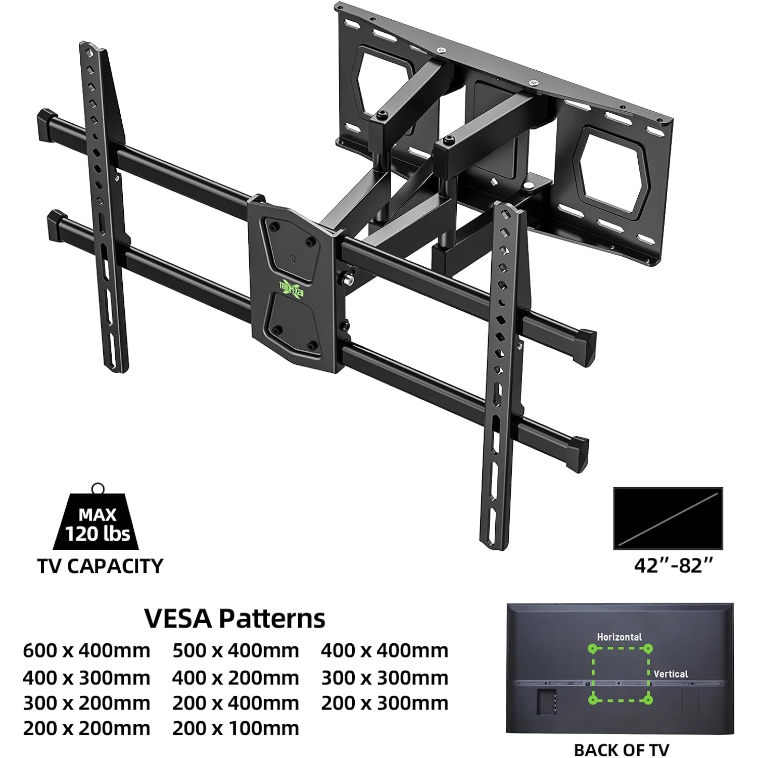 Usx Mount Full Motion Tv Wall Mount For 42-82 Inch Tvs Up To 120Lbs, Wall Mount Tv Bracket With Articulating Swivel Tilt Extension Leveling, Max Vesa 600X400Mm Fits 12/16" Wood Stud