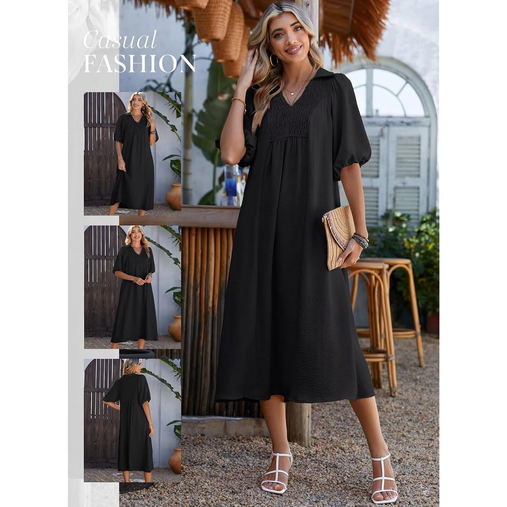 Dokotoo Summer Dresses For Women 2026 Casual Dresses V Neck Puff Sleeve Empire Waist A-Line Maxi Dress