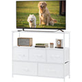 Dumos Tv Stand, Dresser With 5 Fabric Storage Drawers, Media Console Featuring Open Shelf For Tv, Compact Entertainment Unit For Bedroom, Living Space, Or Dorm Organization, White