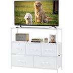 Dumos Tv Stand, Dresser With 5 Fabric Storage Drawers, Media Console Featuring Open Shelf For Tv, Compact Entertainment Unit For Bedroom, Living Space, Or Dorm Organization, White