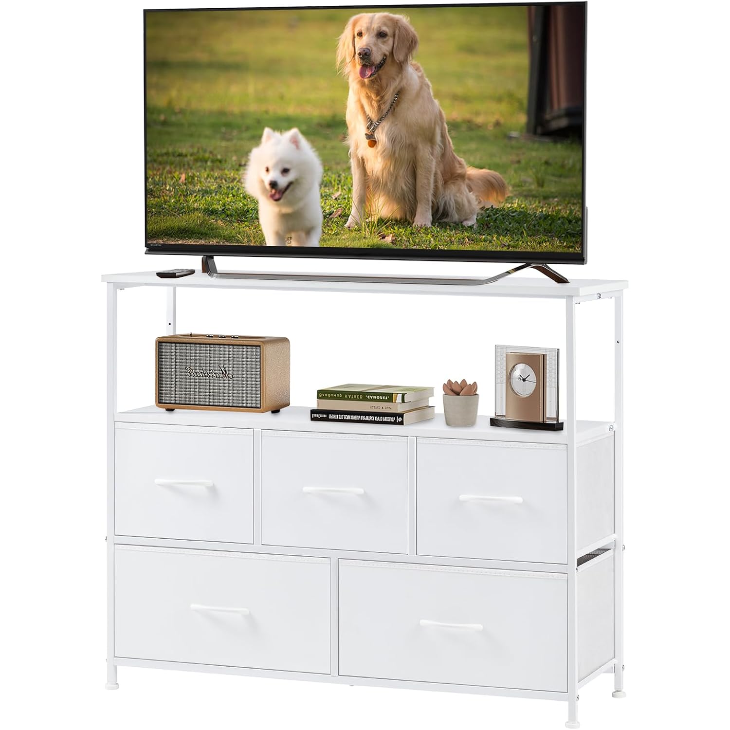 Dumos Tv Stand, Dresser With 5 Fabric Storage Drawers, Media Console Featuring Open Shelf For Tv, Compact Entertainment Unit For Bedroom, Living Space, Or Dorm Organization, White