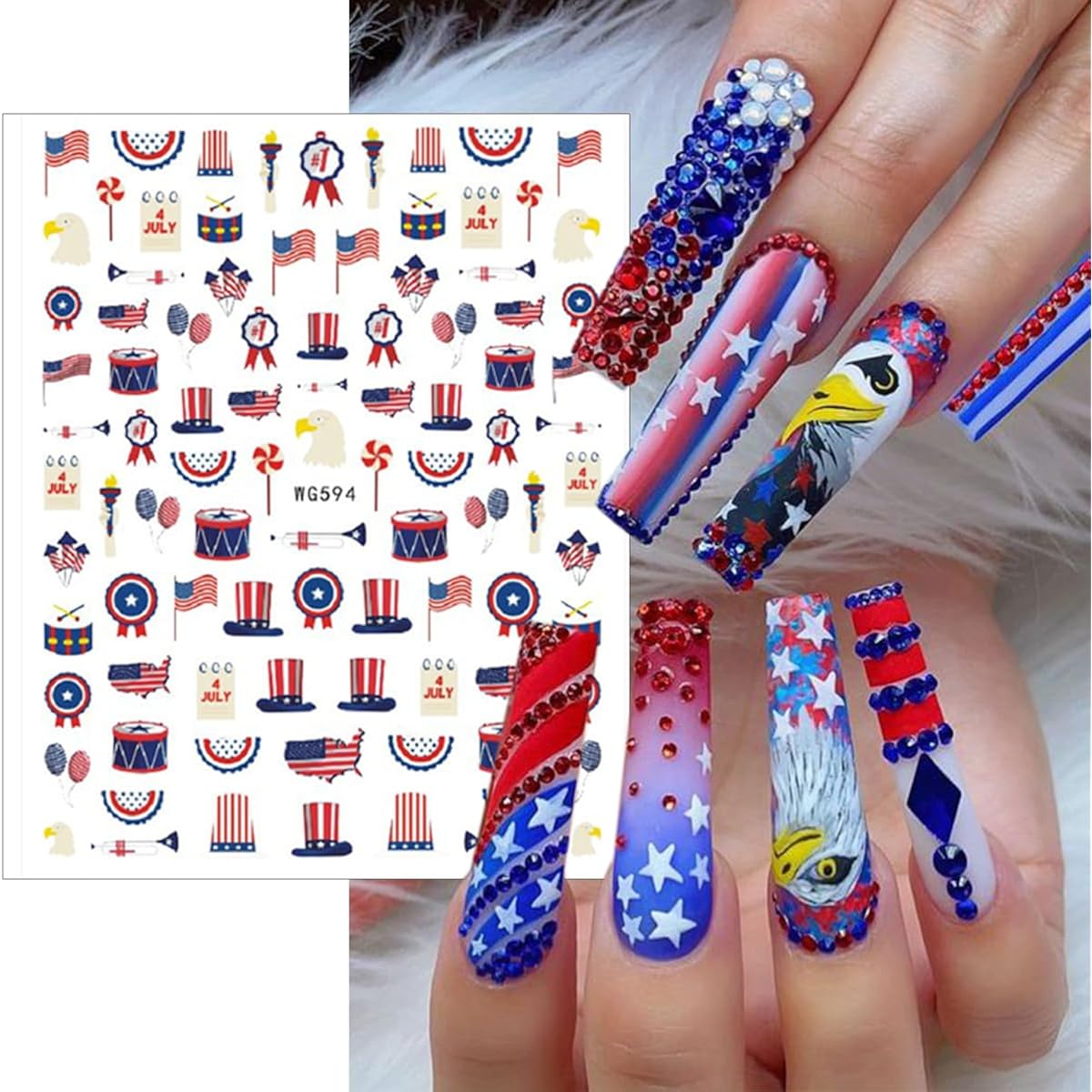 10Pcs 4th of July Nail Stickers Patriotic Nail Decals Independence Day Nail Art Stickers American Flag Stars Eagle Fireworks Heart Nail Design Supplies Memorial Day DIY Nail Decoration for Women Girls