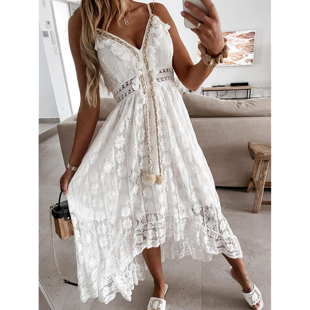 Cupshe Maxi Summer Dress For Women Lace V Neck Sleeveless Sundress Boho Crochet Tassel Flowy Beach Vacation Graduation Dress