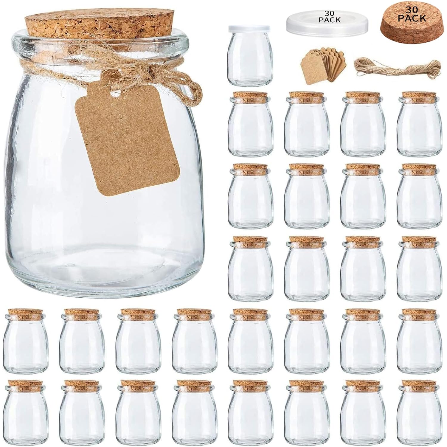 Mini Yogurt Jars 30 Pack, 7 Oz Glass Favor Jars With Cork Lids, Pudding Containers With Lids, Mason Jar Wedding Favors Honey Pot With Label Tags And String