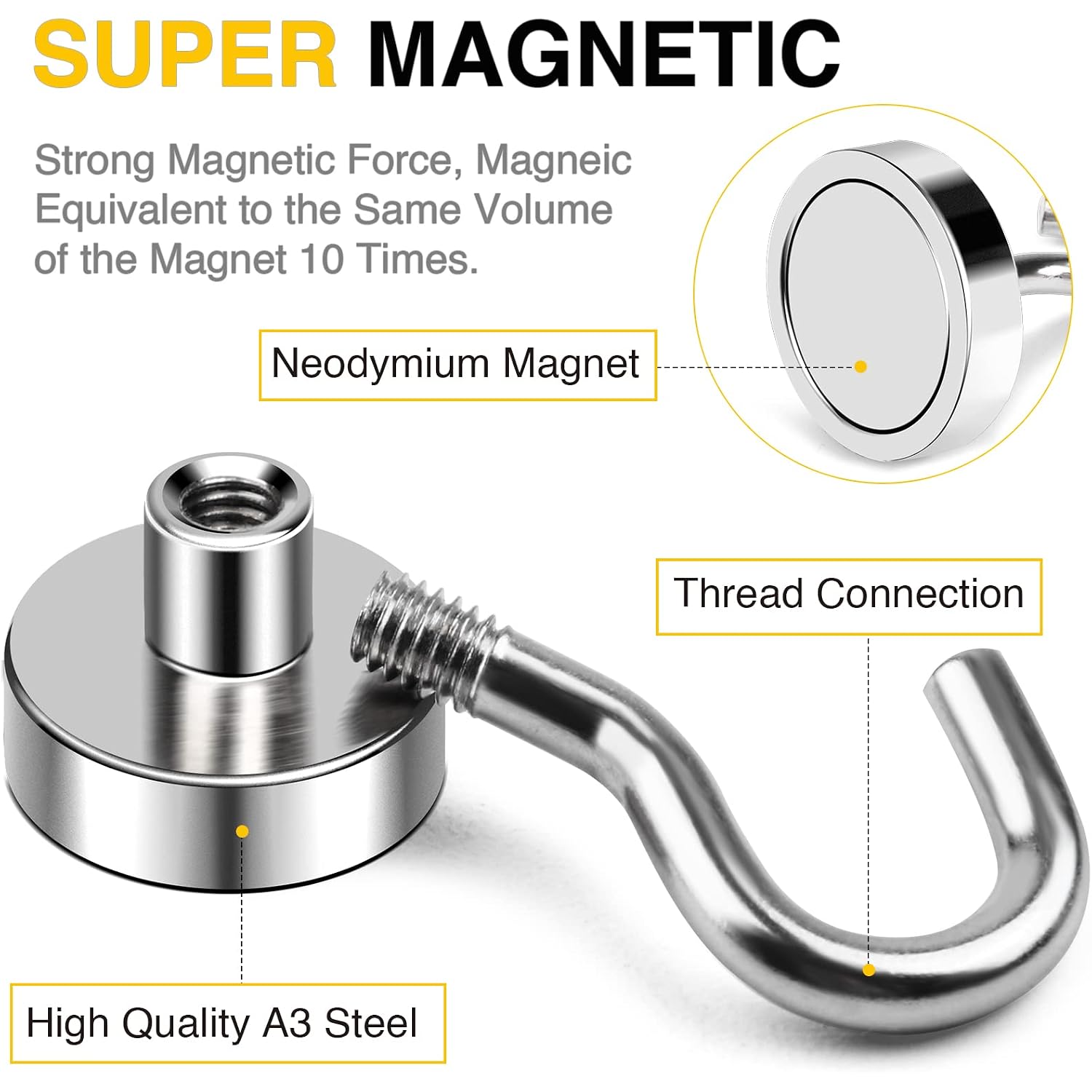Diymag Magnetic Hooks, 30Lbs 6Pcs Cruise Cabin Essentials Heavy Duty N52 | Strong Neodymium Rare Earth Magnets, For Kitchen, Classroom, Beach, Cruise Cabins, Refrigerator, Hanging Key Clothes Wall Hat