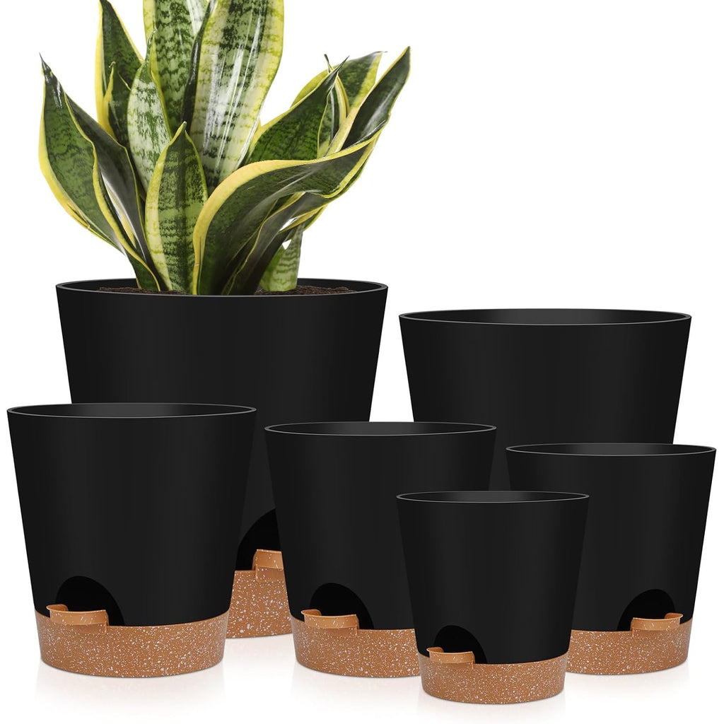 Ynnico Indoor Self Watering Planters With Drainage Holes And Saucers, 8, 7, 6.5, 6, 5.5, 5 Inches, Black, 6 Pots