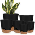 Ynnico Indoor Self Watering Planters With Drainage Holes And Saucers, 8, 7, 6.5, 6, 5.5, 5 Inches, Black, 6 Pots