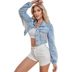 Women’S Crop Denim Jacket Tassel Casual Jean Coat With Fringe
