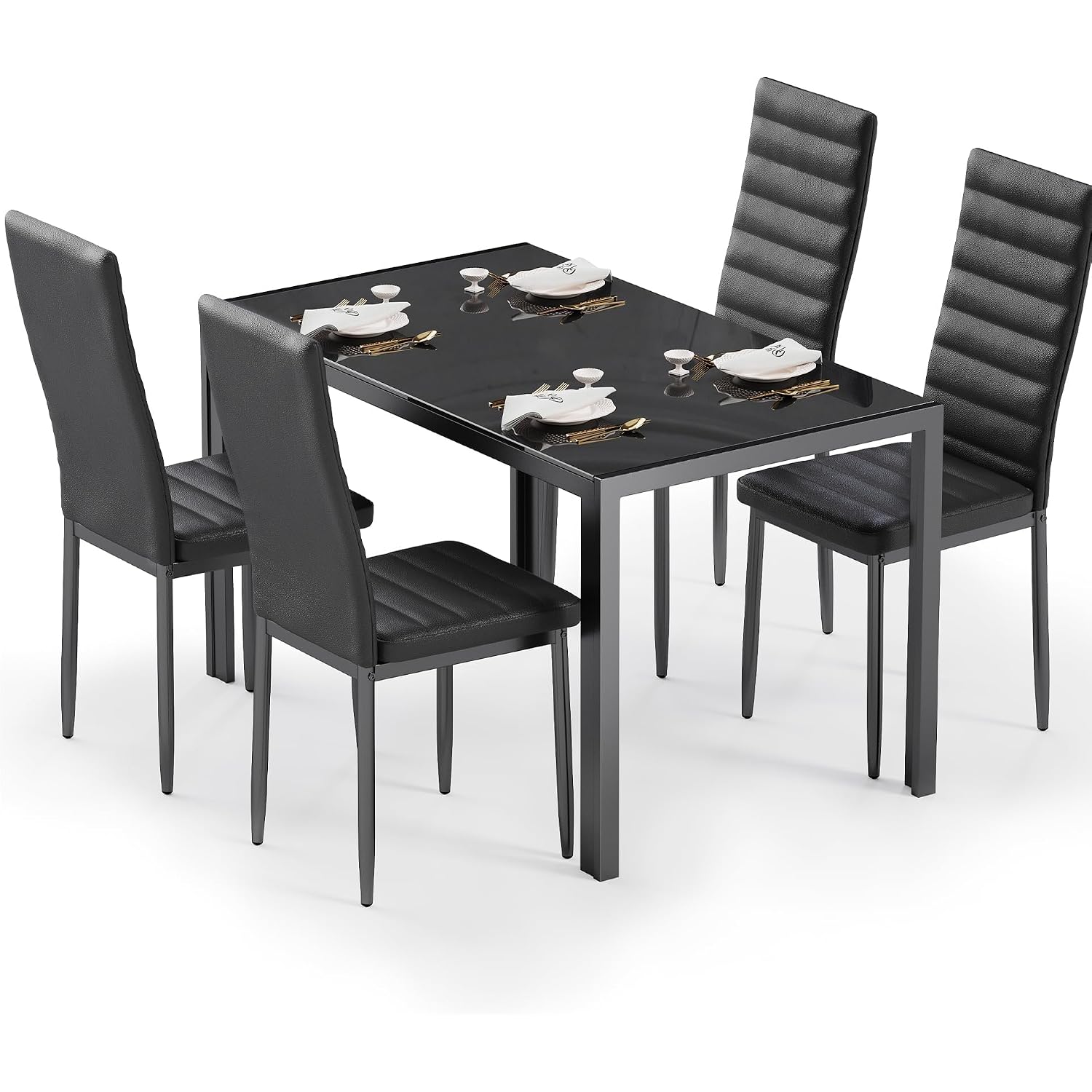 Bealife Kitchen Dining Table Set For 4, Tempered Glass 5 Piece - Black | Pu Leather Modern Dining Room Furniture, Space Saving Table And Chairs Set For Home, Kitchen, Living Room, Dining Room