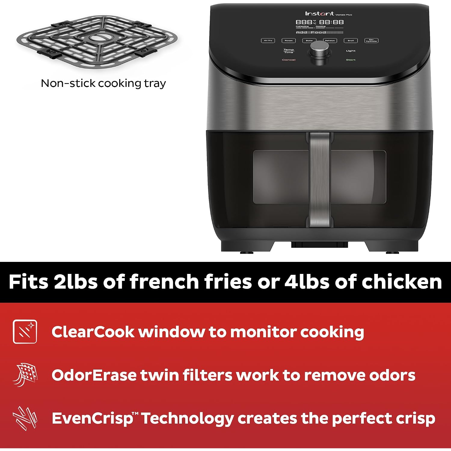 Instant Pot Vortex Plus 6Qt Air Fryer With Odor Erase Technology,6-In-1 Functions That Crisps,Roasts, Broils,Dehydrates, Bakes & Reheats, 100+In-App Recipes, From The Makers Of Instant Pot,1700W,Black