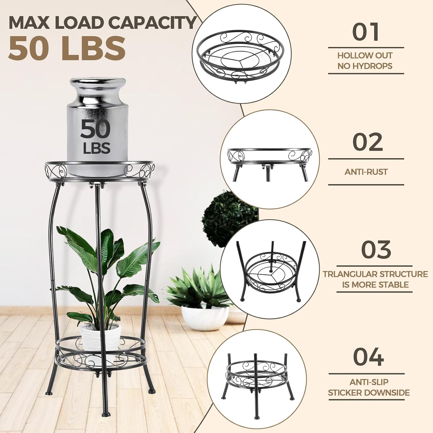 Kavlium Plant Stand Indoor Outdoor, Tall Black Metal, 2 Tier 27.1 Inch | Rustproof Metal, Stable 3-Leg Base, Heavy Duty 100 Lb Capacity, Multiple Plant Rack Holder, Indoor Outdoor Decor