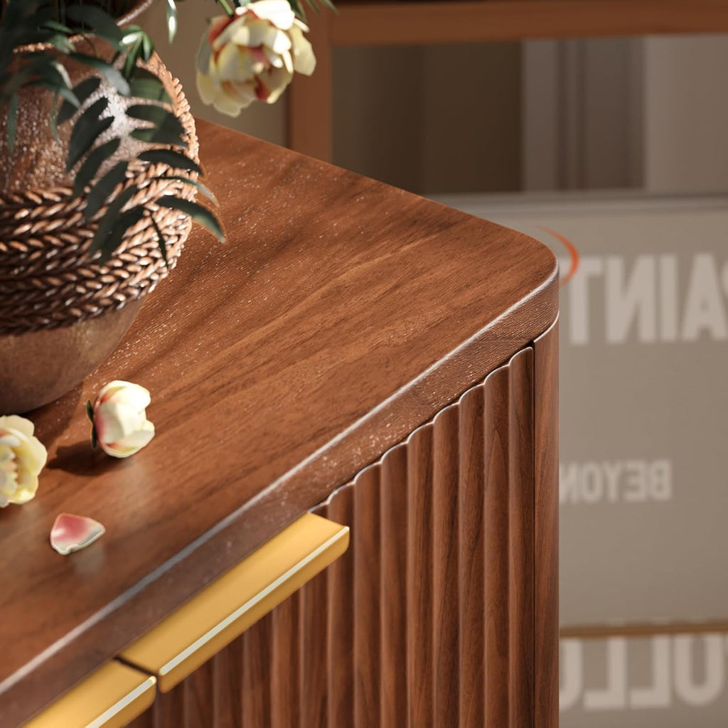 Evermagin 67" Fluted Walnut Buffet Cabinet Sideboard With Storage, Large Credenza With 6 Doors, Wood Mid Century Modern Sideboard For Kitchen And Living Room (67" W*31.5" H*15.7" D)