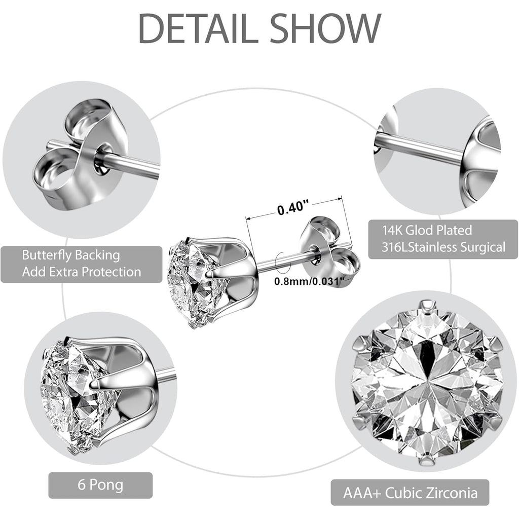 6 Pairs Stainless Steel Stud Earrings Set, Silver 14K Gold Plated 316L Stainless Steel Hypoallergenic Cubic Zirconia CZ Earring for Women Men 3-8mm