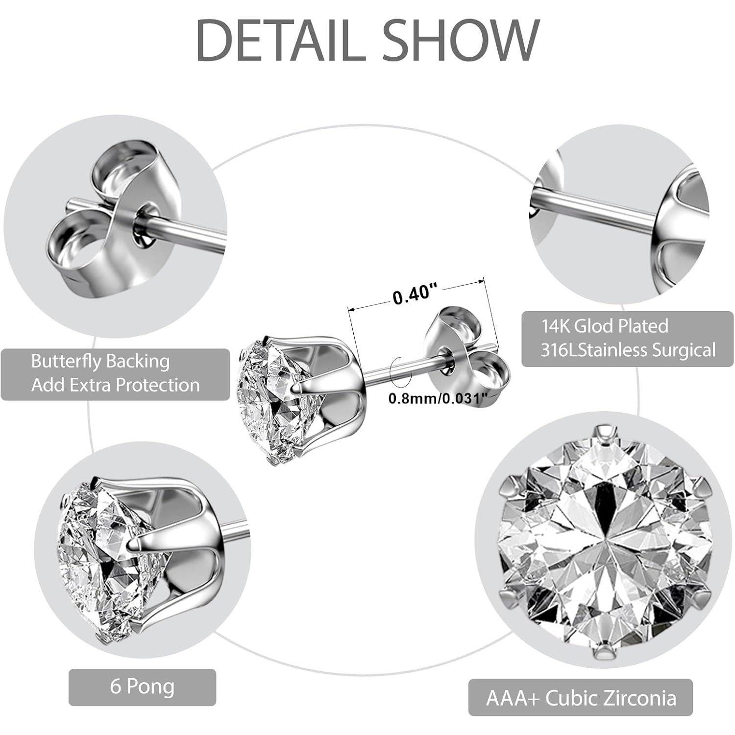 6 Pairs Stainless Steel Stud Earrings Set, Silver 14K Gold Plated 316L Stainless Steel Hypoallergenic Cubic Zirconia CZ Earring for Women Men 3-8mm