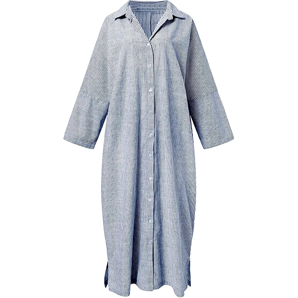 Chouyatou Women'S Casual Long Sleeve Button Down Loose Striped Cotton Maxi Shirt Dress