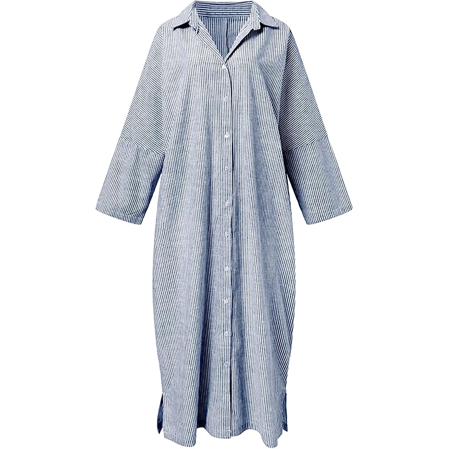 Chouyatou Women'S Casual Long Sleeve Button Down Loose Striped Cotton Maxi Shirt Dress