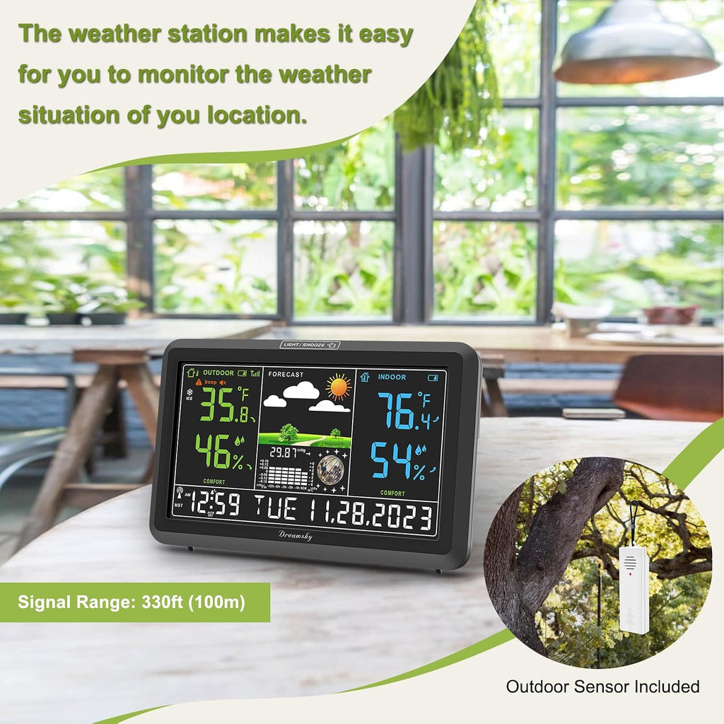 Dreamsky Weather Station Indoor Outdoor Thermometer Wireless, Atomic Clock | Digital Large Display With Backlight Dimmer, Usb Port, Inside Outside Temperature Humidity Monitor For Home (Plug-In)