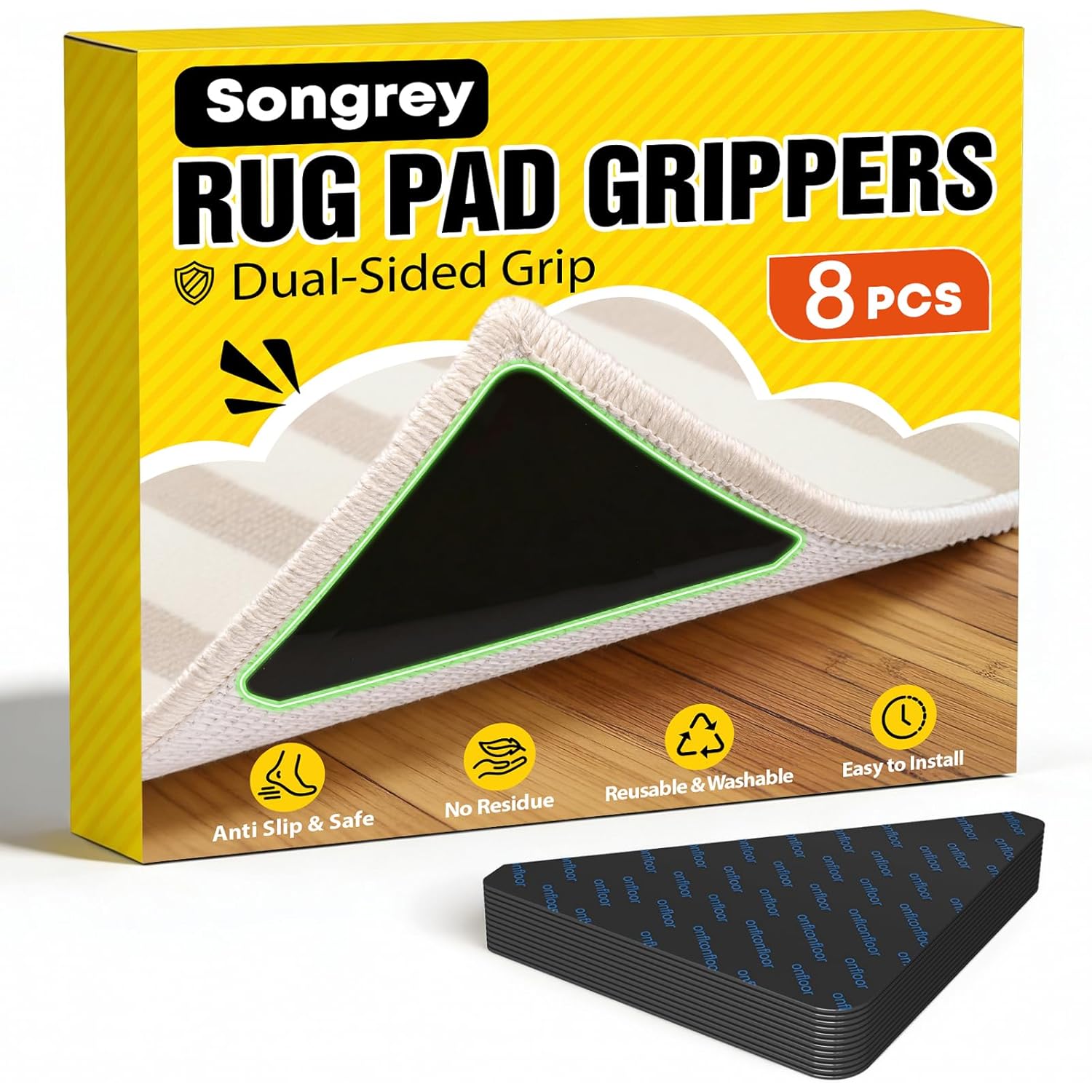 Songrey Rug Tape Rug Corner Grippers 8PCS, Reusable Double-Sided Carpet Tape to Hold Area Rugs Down, Non Slip Rug Pads Gripper for Hardwood Floors No Damage