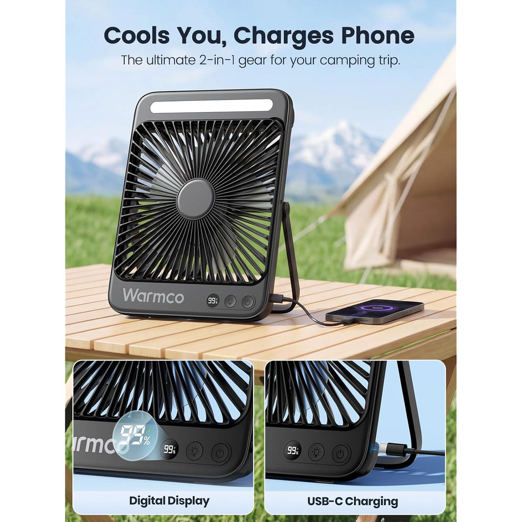 Warmco D4 Battery Powered Camping Fan 20000Mah, Led Lantern | Up To 48H Runtime, Ultra-Slim Quiet 8-Inch Fan, Digital Display & Hook For Tent, Bedroom, Outdoor & Travel