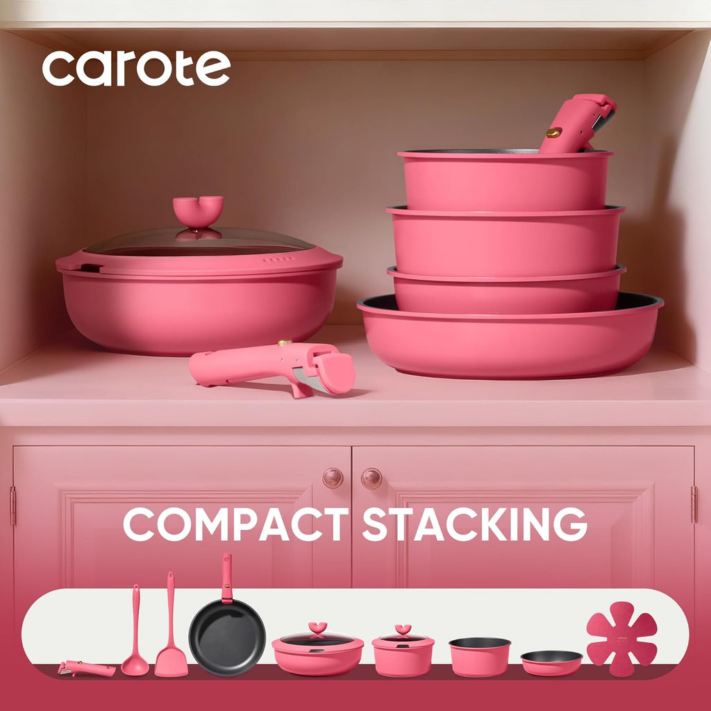 CAROTE 15pcs Pots and Pans Set Non Stick, Cookware Set Non Toxic with Detachable Handle, Induction Kitchen Cooking Set, Dishwasher/Oven Safe, RV/Camping Cookware