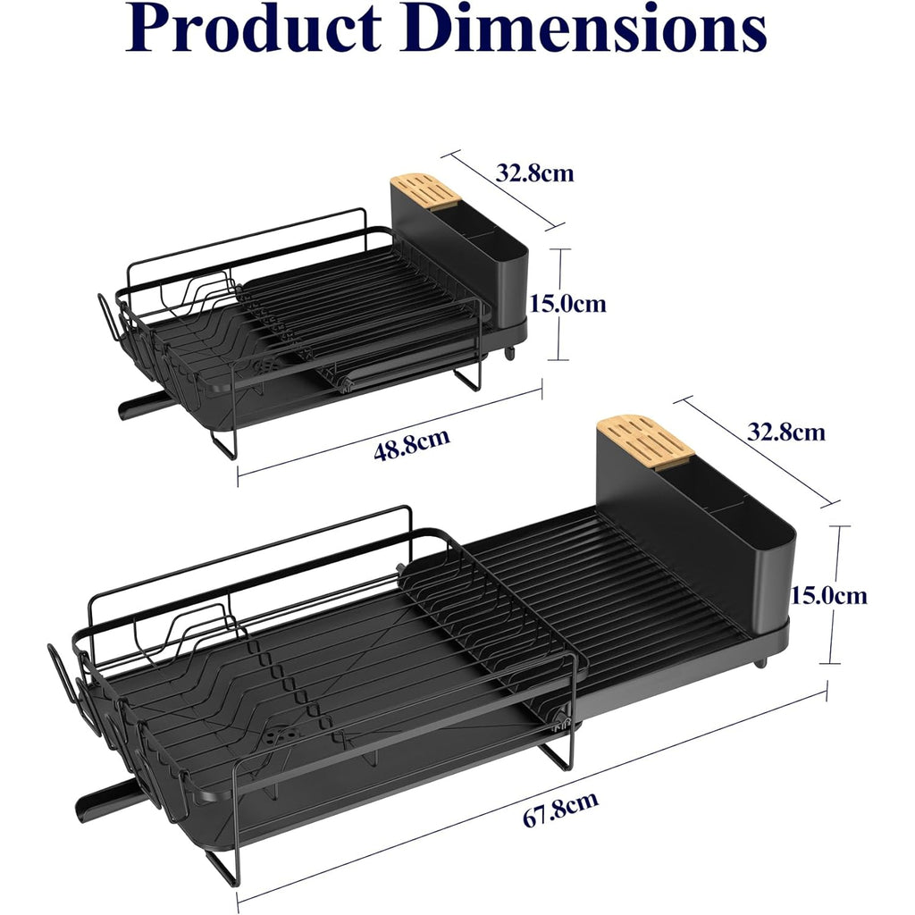 Kitsure Large Dish Drying Rack - Extendable Dish Rack, Multifunctional Dish Rack for Kitchen Counter, Anti-Rust Dish Drainers with Cutlery & Cup Holders 19.2"-26.7" L x 12.9" W, Black