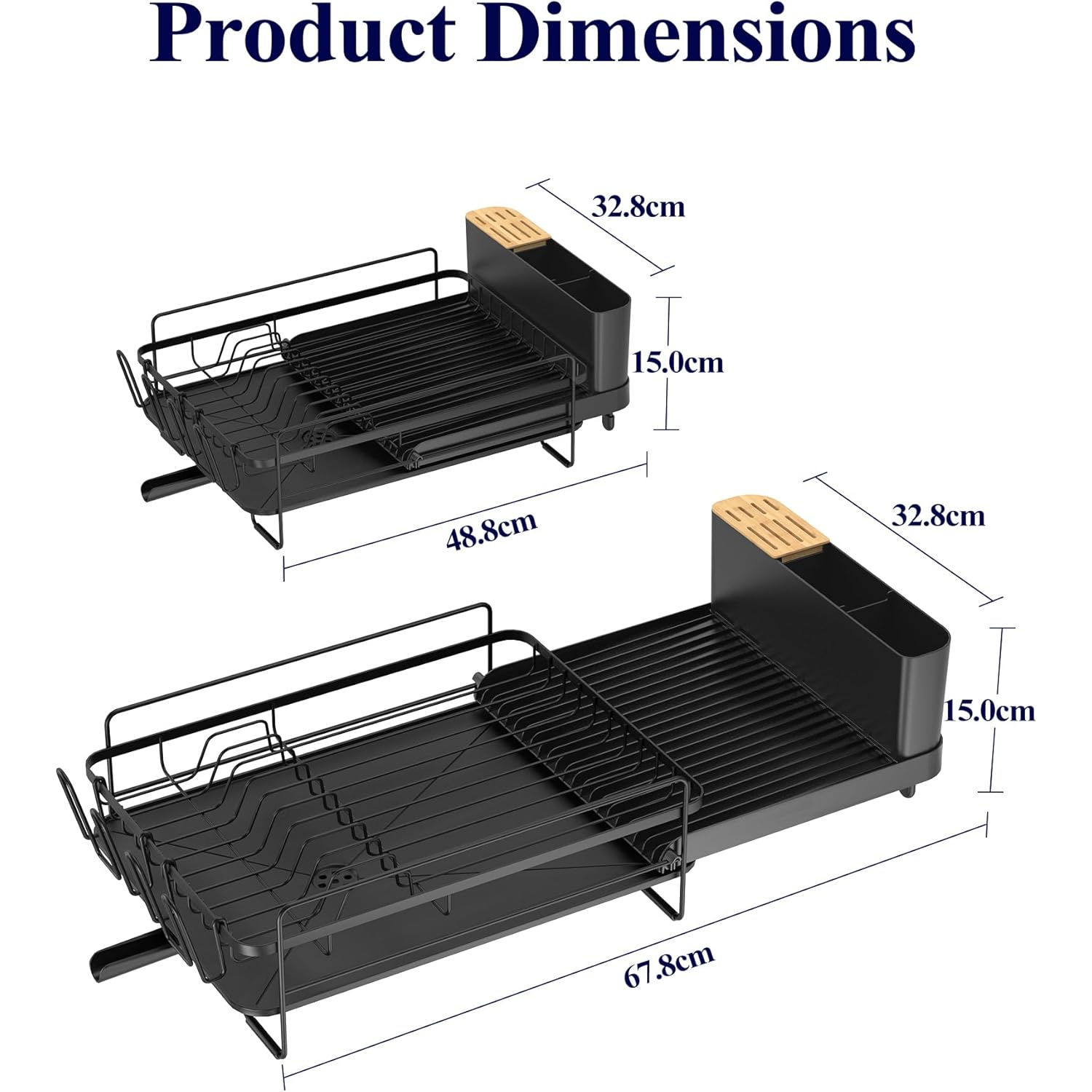 Kitsure Large Dish Drying Rack - Extendable Dish Rack, Multifunctional Dish Rack for Kitchen Counter, Anti-Rust Dish Drainers with Cutlery & Cup Holders 19.2"-26.7" L x 12.9" W, Black