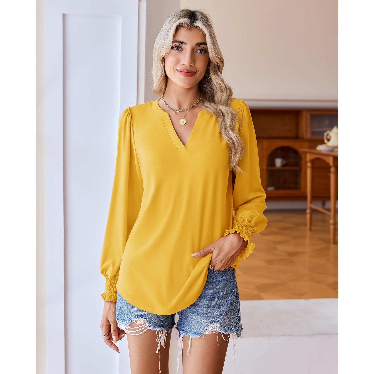 Uhiger Womens Tunic Tops Long Sleeve Blouses for Women Dressy Casual V Neck Tops Shirts Trendy with Smocked Cuffs