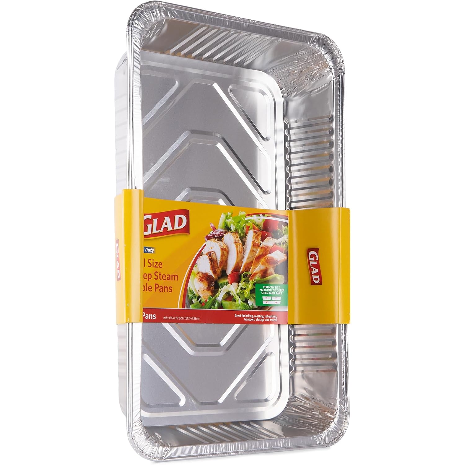 Glad Disposable Full Size Aluminum Steam Pans, Deep Heavy Duty Foil Pans For Steaming, Baking, Roasting, Catering & Oven Reheating, Fits 2 Half Pans, 20.5 X 12.5 X 2.75 Inch, 2 Count