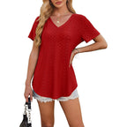 Ofeefan Womens T Shirts V Neck Short Sleeve Casual Tops Loose Fit Basic Tees With Curved Hem