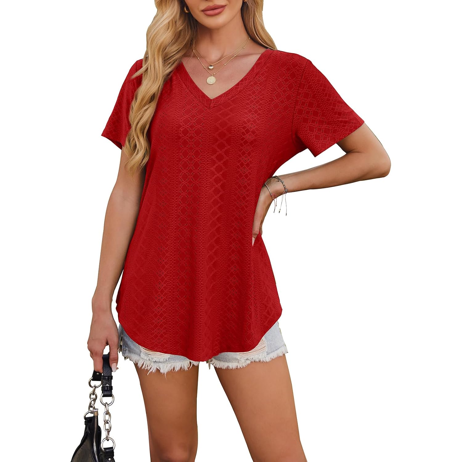 Ofeefan Womens T Shirts V Neck Short Sleeve Casual Tops Loose Fit Basic Tees With Curved Hem
