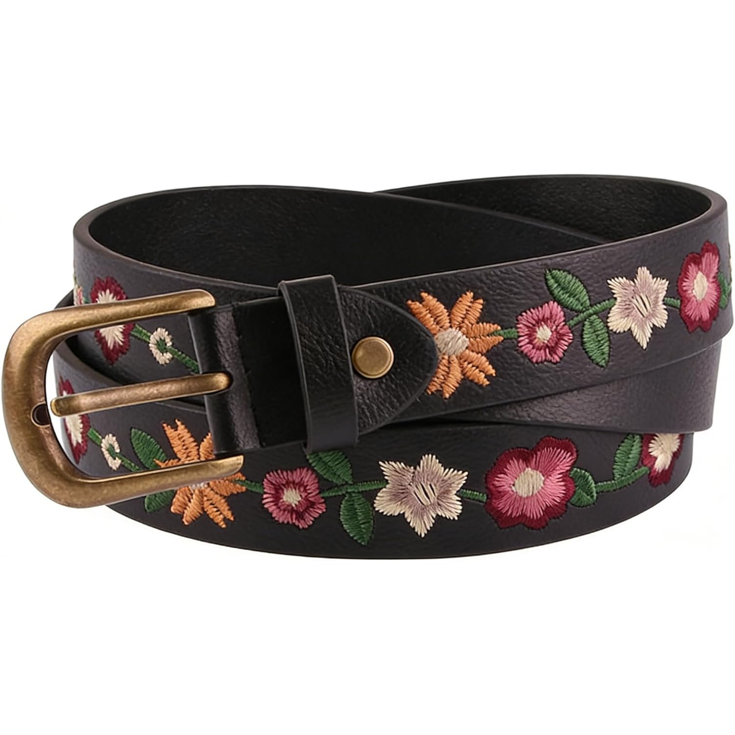 Utaly Women's Floral-Embroidered-Black-Leather-Belt - Vintage Boho Country Style Flower-Belts