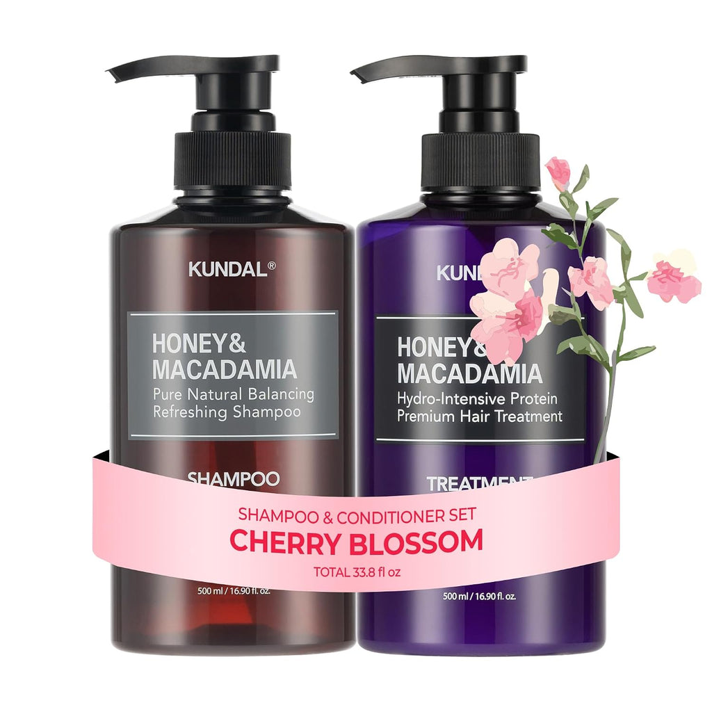 Kundal Honey & Macadamia Korean Shampoo & Conditioner Set, Cherry Blossom, 16.9 Fl Oz Each - Restore Moisture & Prevent Dryness, Argan Oil - Korean Hair Care, Sulfate Free, Long Lasting Scent