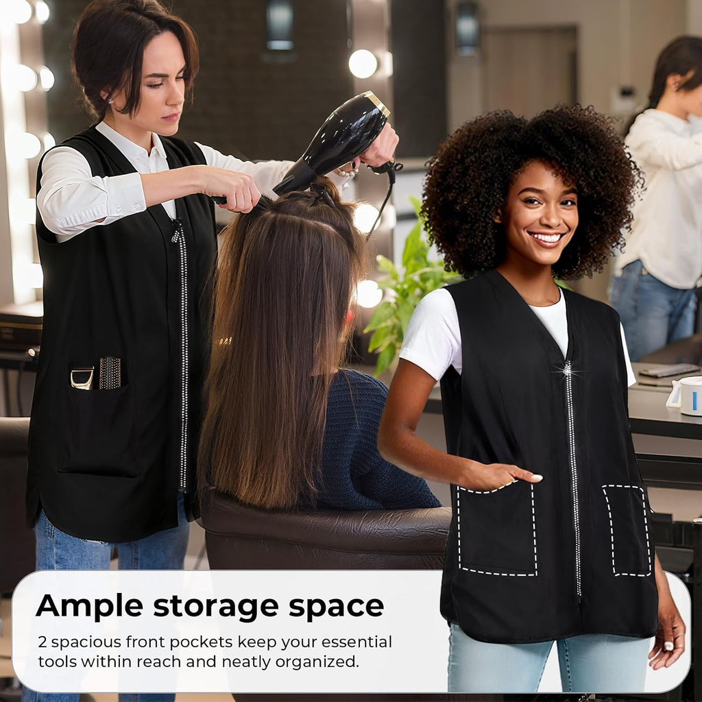 Noverlife Glitz Rhinestone Closure Stylist Vest, V-Neckline Baber Smock Zip Up Vest With 2 Front Pockets For Hair Salon