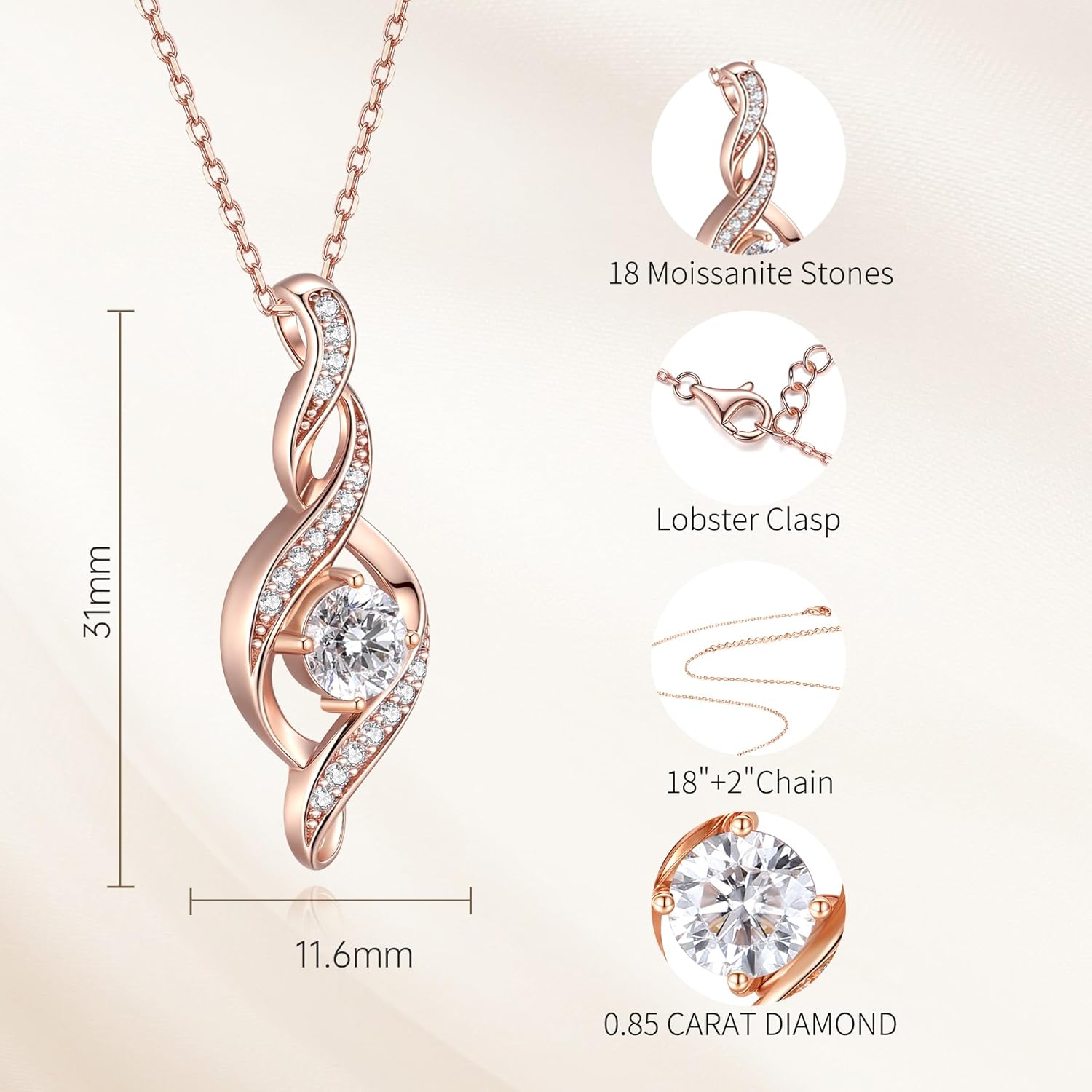 Diamond Necklace for Women, 0.85 Carat 14K Gold Plated 925 Sterling Silver IGI Certified LAB GROWN Diamond Necklaces(D-E Color, VS Clarity)