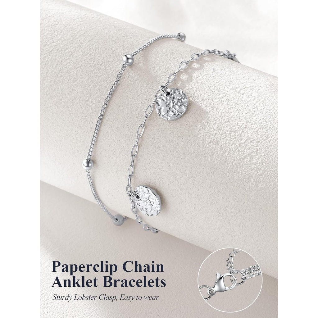 U7 Silver/Gold Ankle Bracelets for Women Layered Chain Anklets Stainless Steel Waterproof Summer Beach Anklet Charm, Adjustable 8.5"-10.5"