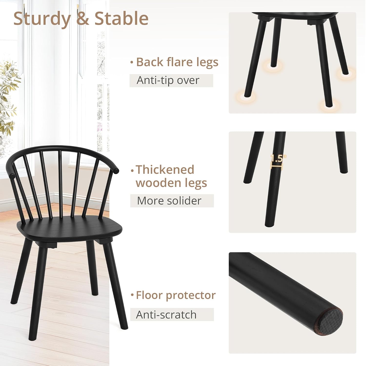 Lue Bona Black Dining Chairs Set Of 4, Farmhouse Wood Dining Chairs With Semicircular Backrest, Spindle Dining Chair For Kitchen And Dining Room, 18 Inch