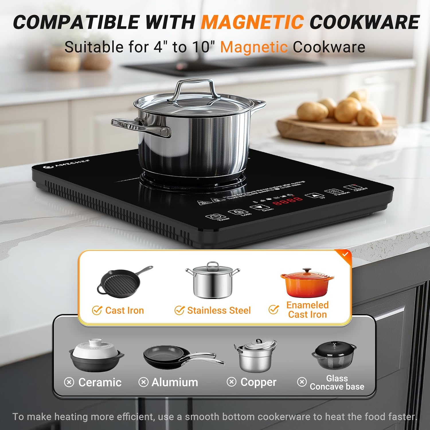 Amzchef Portable Induction Cooktop, 20 Temperature & Power Levels, 1800W | Induction Stove Burner With 6.8" Heating Coil, Low Noise Hot Plate, Single Electric Cooktops, 120°F To 465°F, 4 Hour Timer