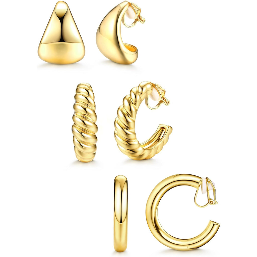 BESTEEL 3Pairs Clip on Earrings for Women Trendy Hypoallergenic 14K Gold Plated Chunky Tube Croissant Waterdrop Clip-on Hoop Earrings Set Fake Jewelry Non Pierced Ears