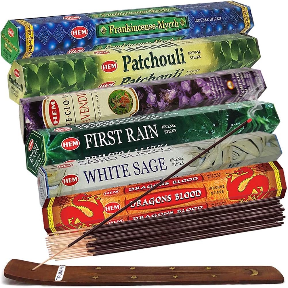 Hem Incense Sticks Variety Pack #23-120 Insence-Sticks (6 Incents X 20 Insense) + Incense Stick Holder With 6 Most Liked Scents Including Patchouli Dragons Blood White Sage Frankincense-Myrrh