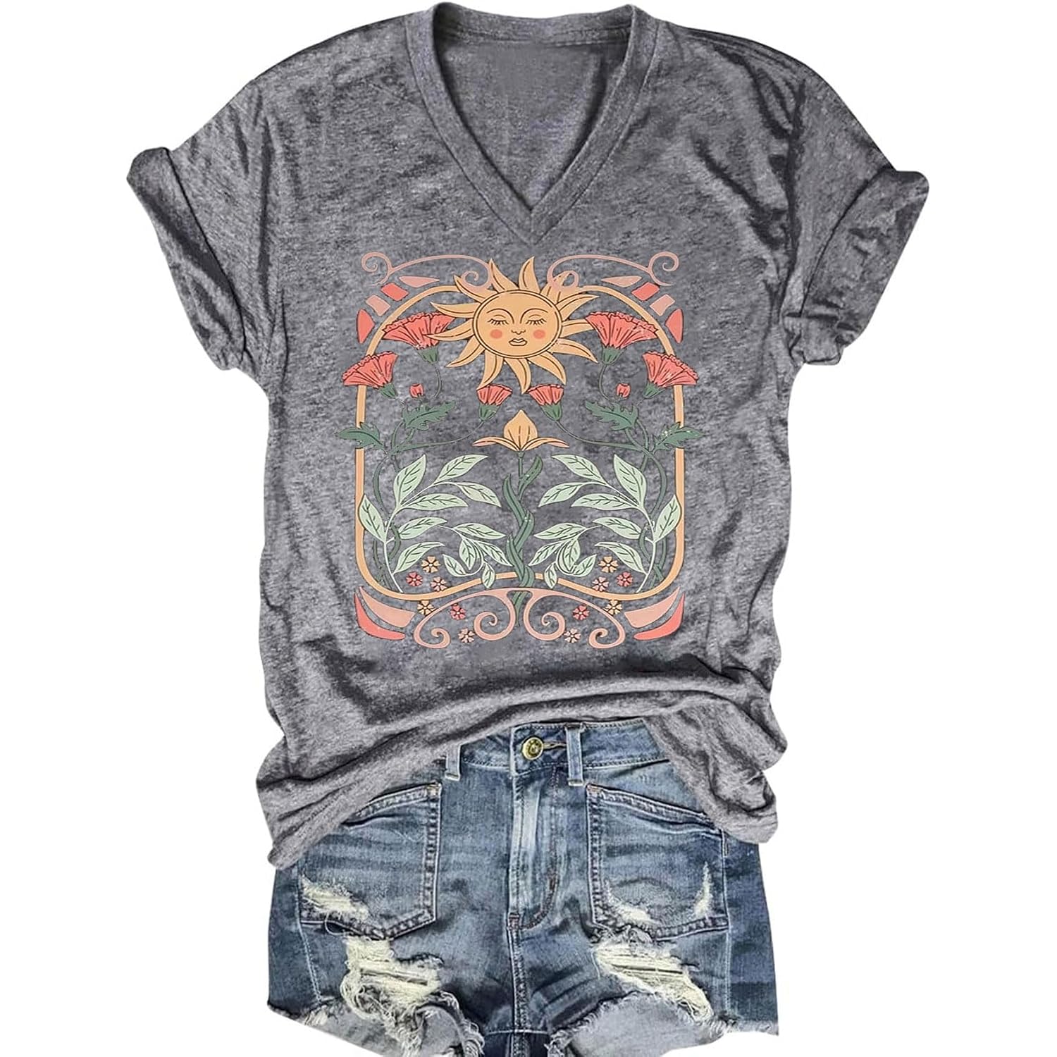 Women's T-Shirts V-Neck Boho Flowers Wildflowers Tee Cute Summer Graphic Shirts Short Sleeve T Shirt C-gray1