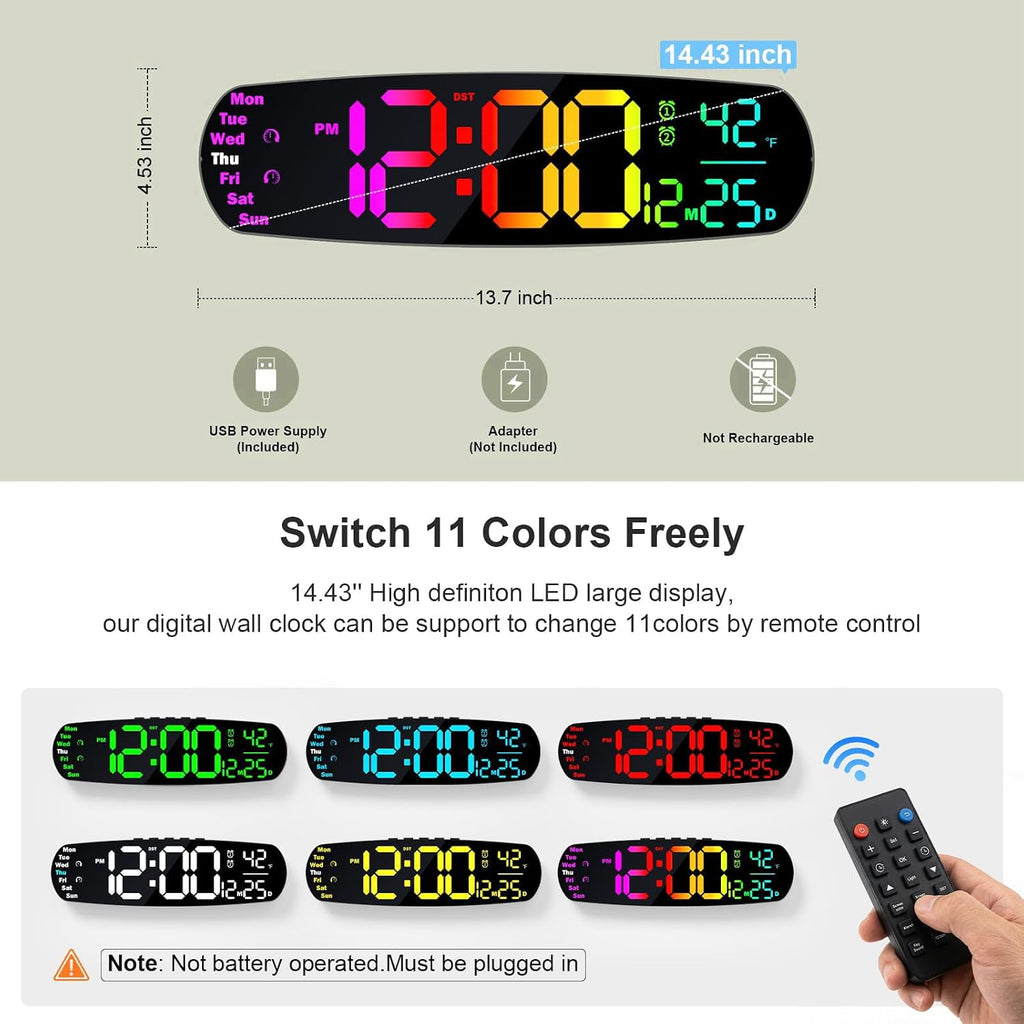 Large Digital Wall Clock,14.4 Inch Large Display Digital Clock With Auto Dimming, Temperature And Date, Remote Control, Night Light,Dst, Alarm For Classroom/Gym/Bedroom