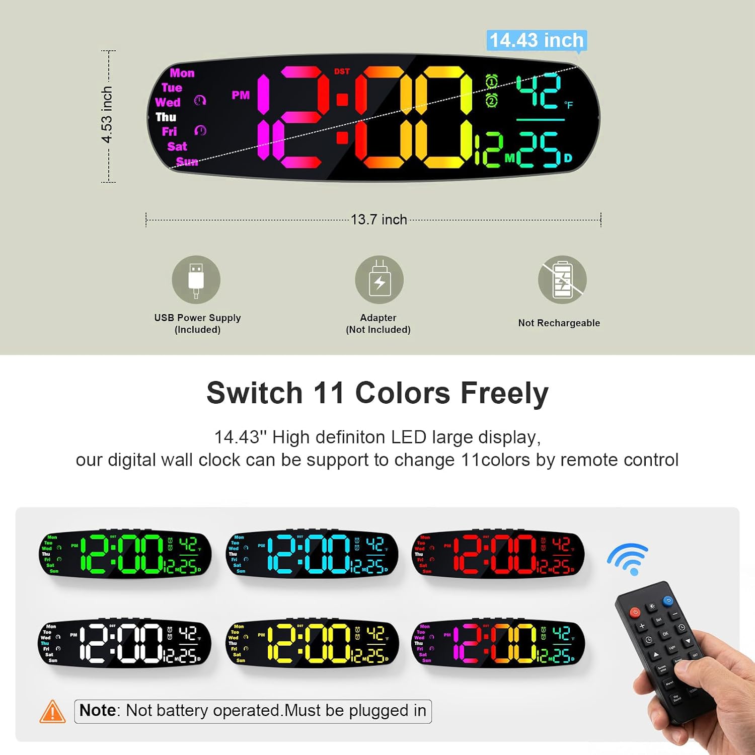 Large Digital Wall Clock,14.4 Inch Large Display Digital Clock With Auto Dimming, Temperature And Date, Remote Control, Night Light,Dst, Alarm For Classroom/Gym/Bedroom