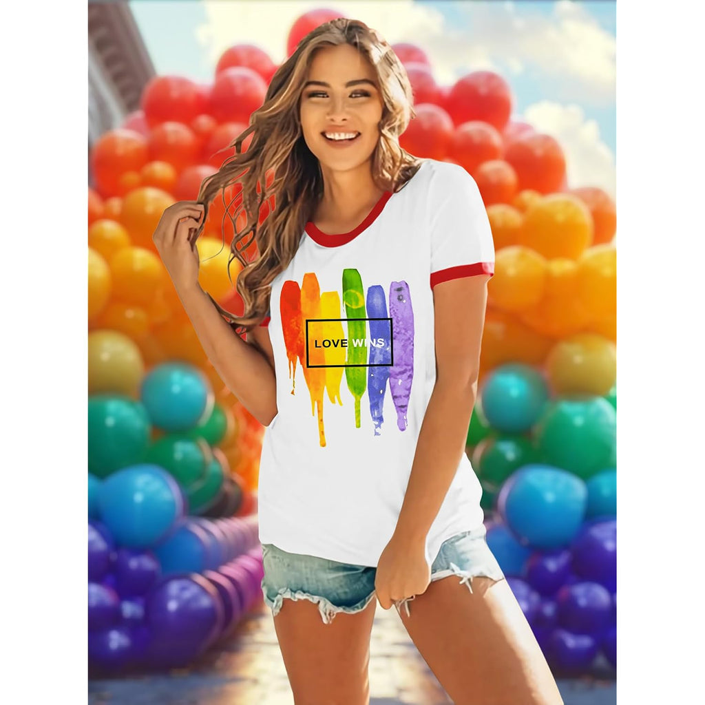 VVNTY Pride Shirts Women: LGBT Rainbow Graphic Tee Gay Pride T Shirt Lesbian Casual Red Ringer Tee White-love Wins