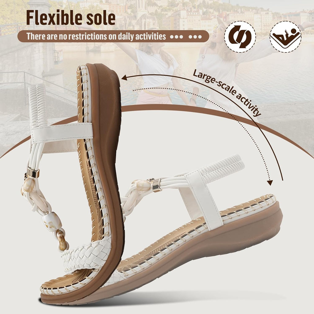 Littleplum Women Sandals Arch Support Handmade Bohemian Braided Flat Sandals Comfort Walking Beach Ankle Elastic Summer Shoes